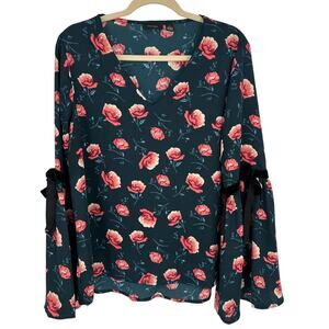 Halogen Floral Top Long Bell Sleeves Velvet Bow Accent Blue Pink Workwear M